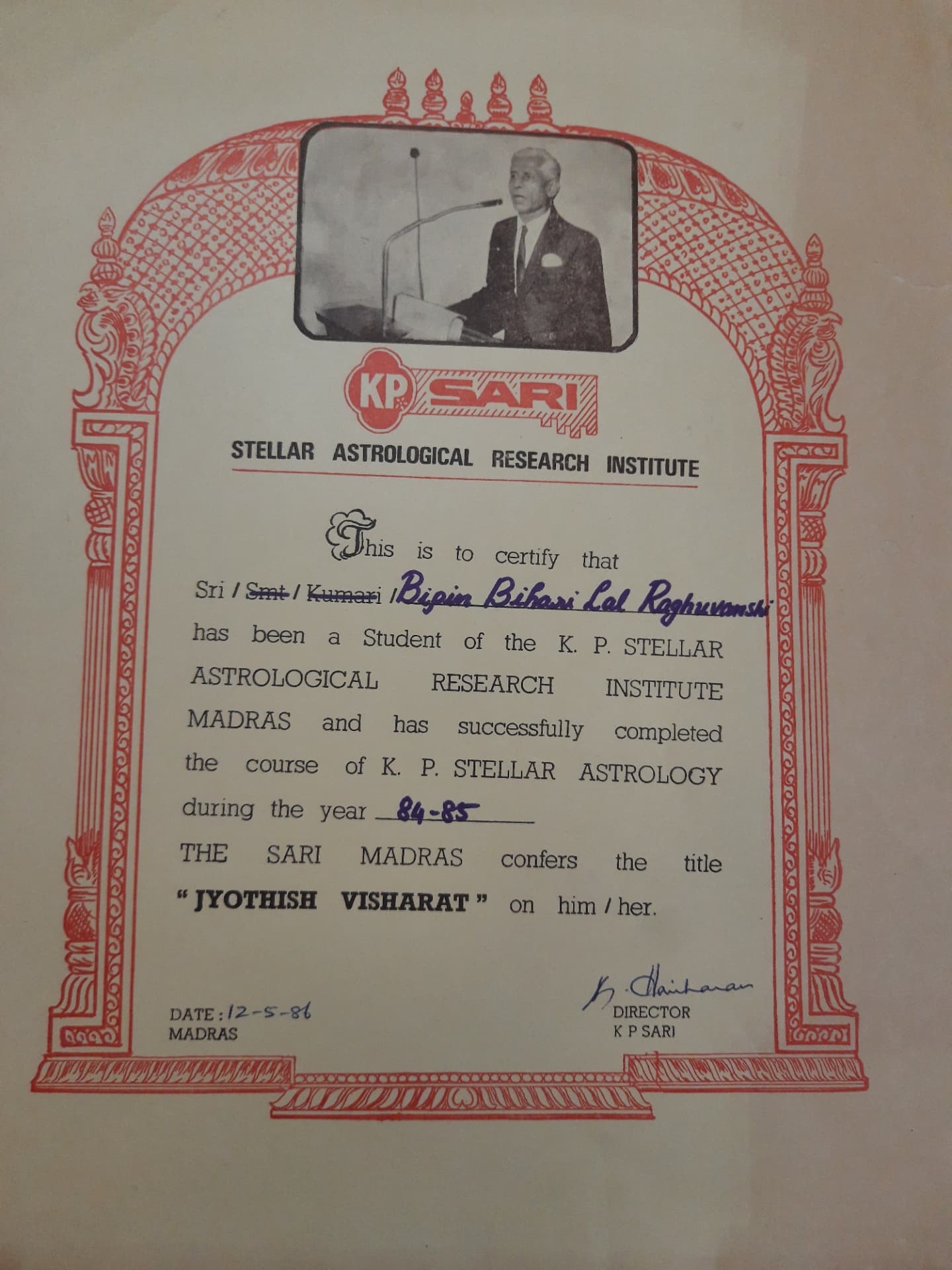 Certificate from K.P. Stellar Astrological Research Institute, Madras, issued to Bipin Bihari Lal Raghuvanshi.