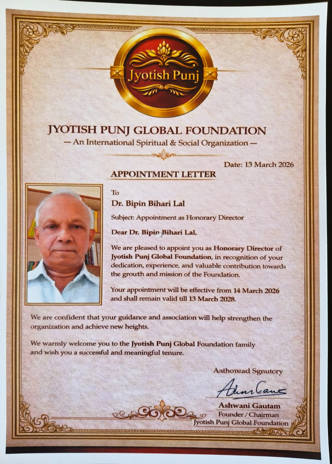 Appointment letter from Jyotish Punj Global Foundation naming Dr. Bipin Bihari Lal Honorary Director.